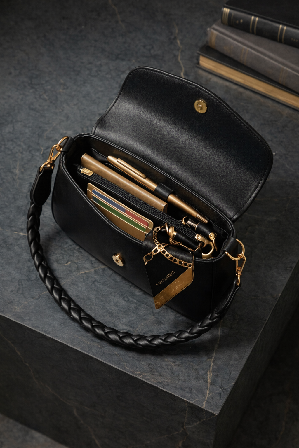 Bagistry Glaze & Go Mini black shoulder bag open view showing compact interior space, functional women’s mini handbag