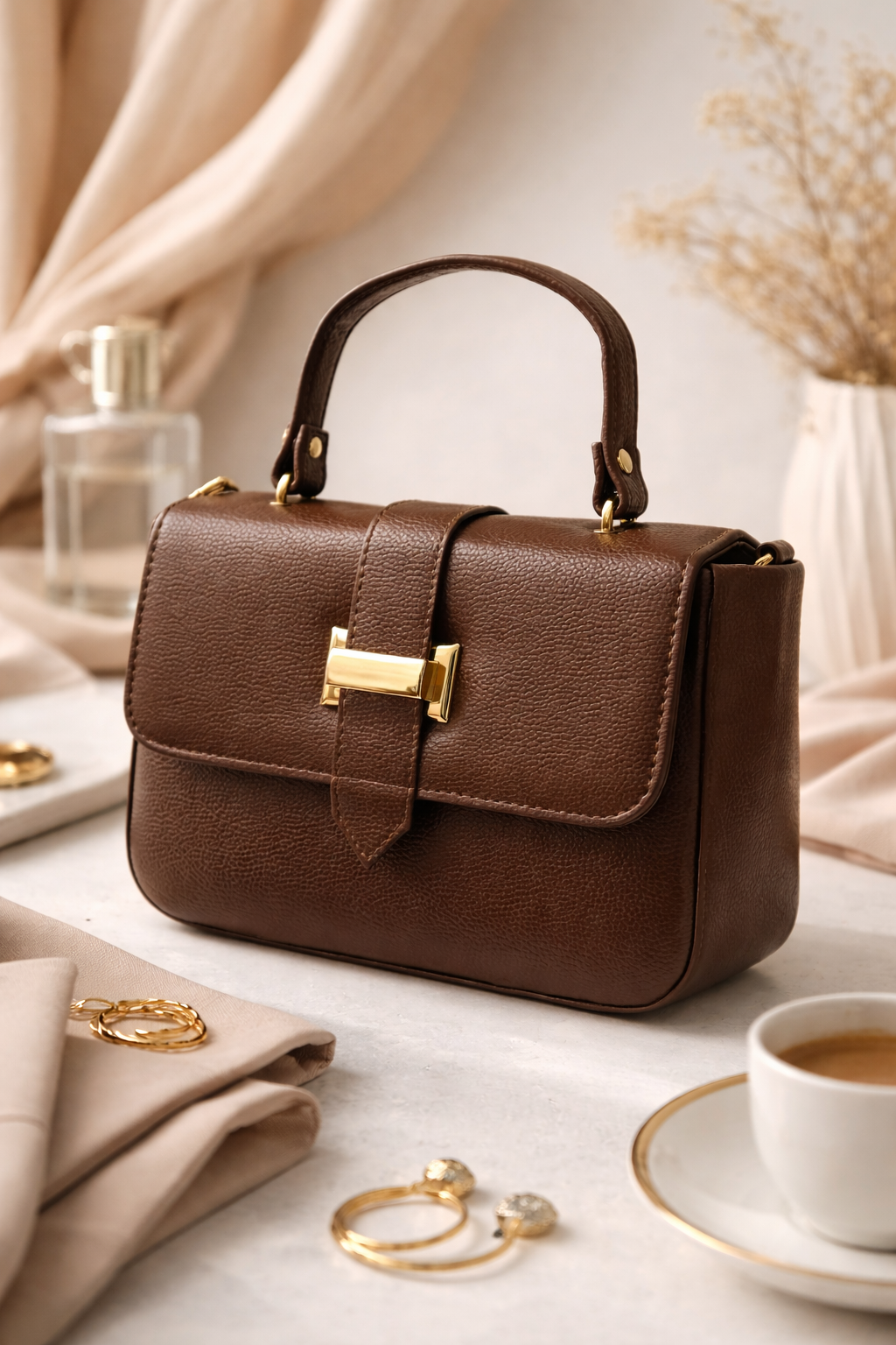Bagistry The Essentialist Mini brown handbag with top handle and gold lock detail, elegant structured women’s handbag styled for minimal luxury look
