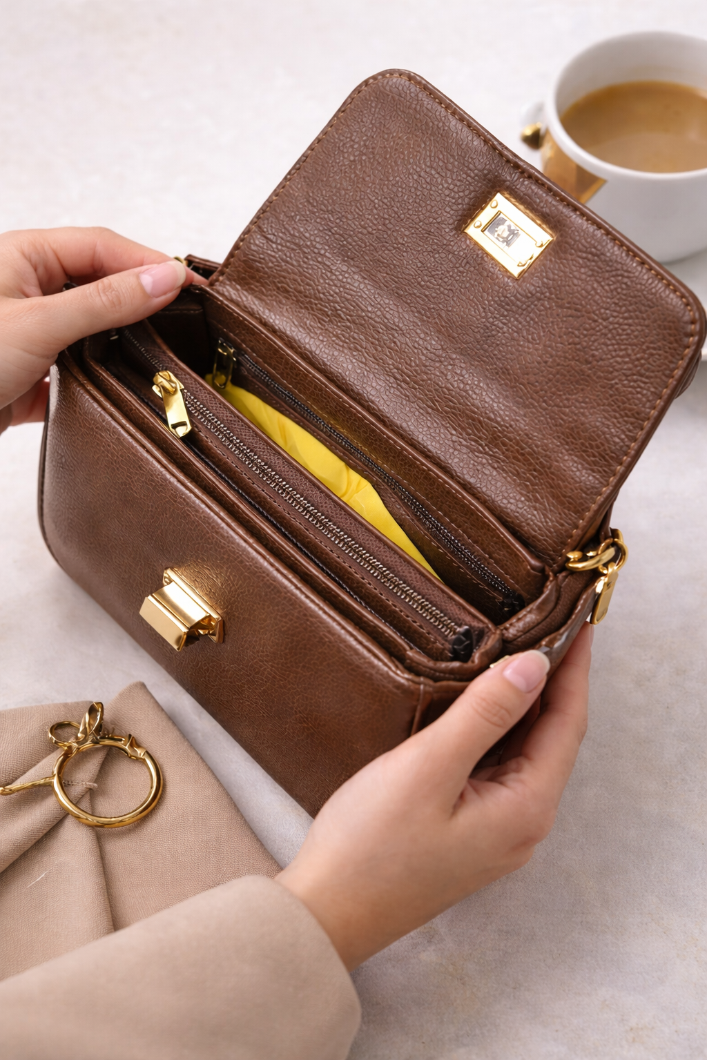 Bagistry The Essentialist Mini brown handbag open view showing organized interior space, functional everyday women’s handbag