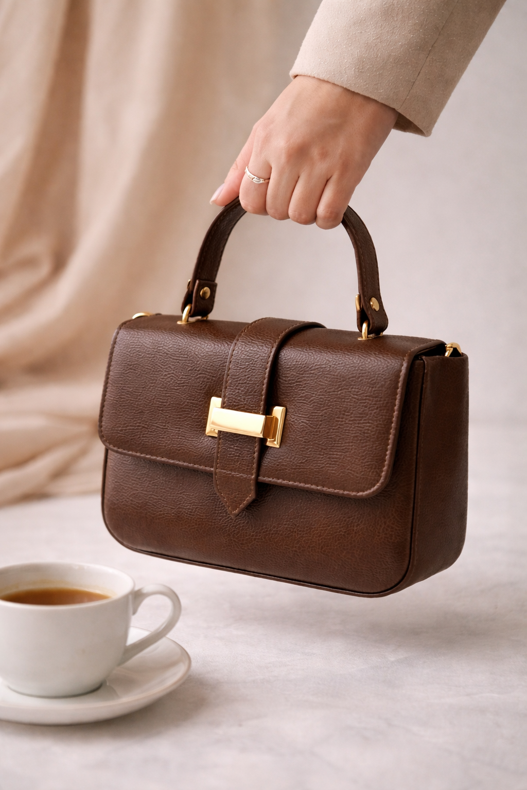 Bagistry The Essentialist Mini brown top-handle bag with gold lock detail, held by hand with coffee cup, minimal lifestyle styling