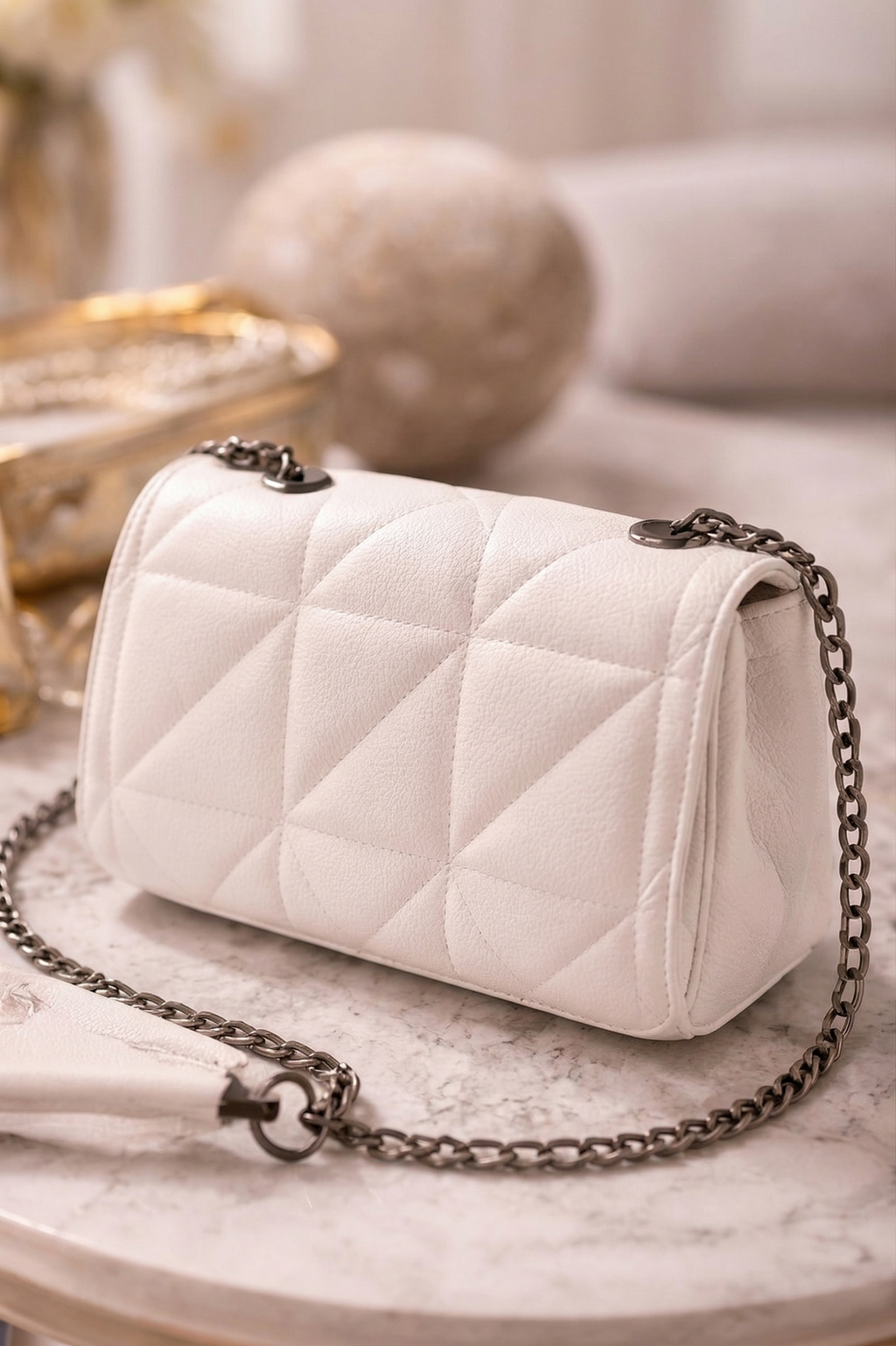 Back view of Bagistry The After Hours white quilted mini shoulder bag with chain strap, elegant women’s party handbag