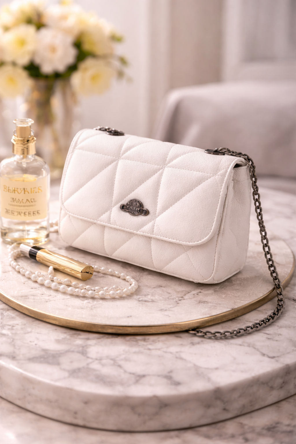 Bagistry The After Hours white quilted mini shoulder bag with chain strap, elegant women’s party handbag