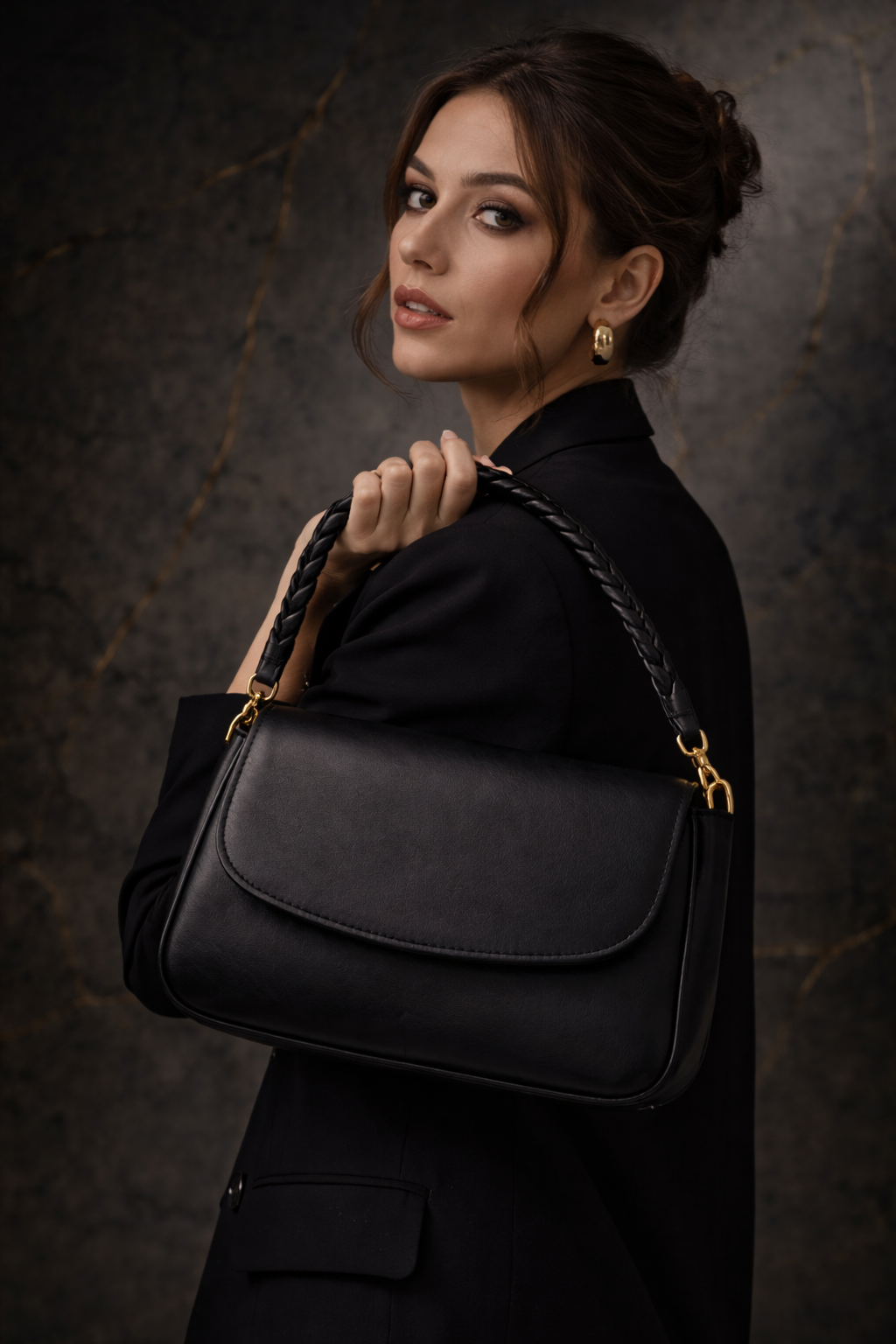 Bagistry Glaze & Go Mini black shoulder bag styled with model, sleek women’s evening handbag with braided handle and elegant look