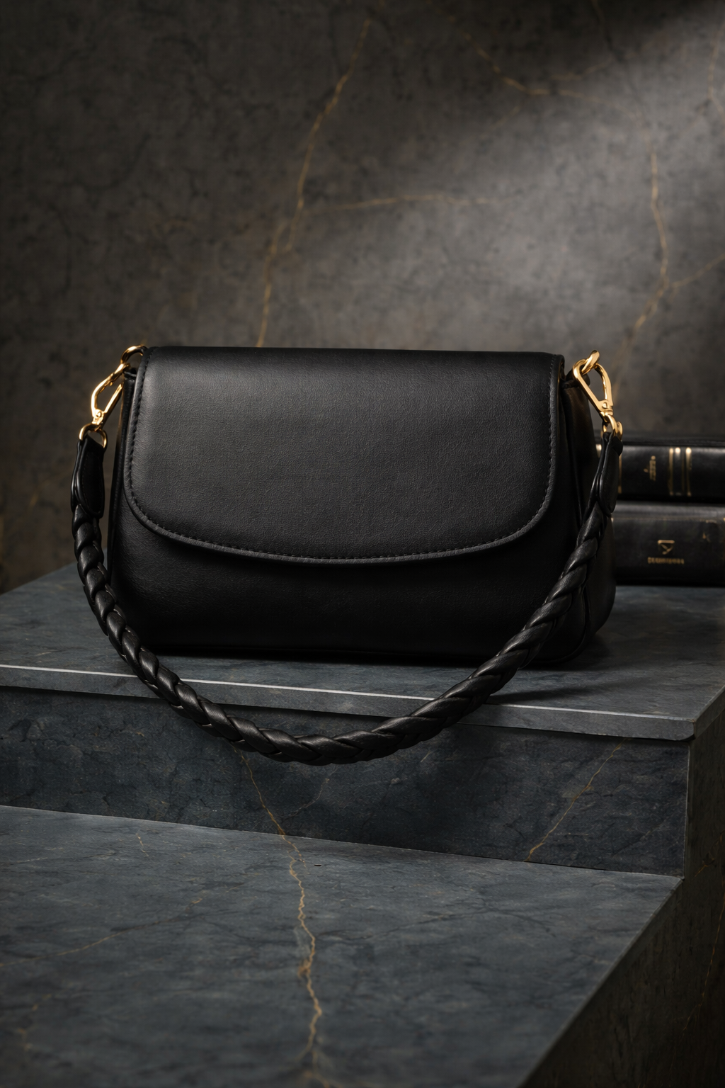 Bagistry Glaze & Go Mini black shoulder bag with braided handle and gold hardware, sleek women’s evening handbag with minimal luxury aesthetic
