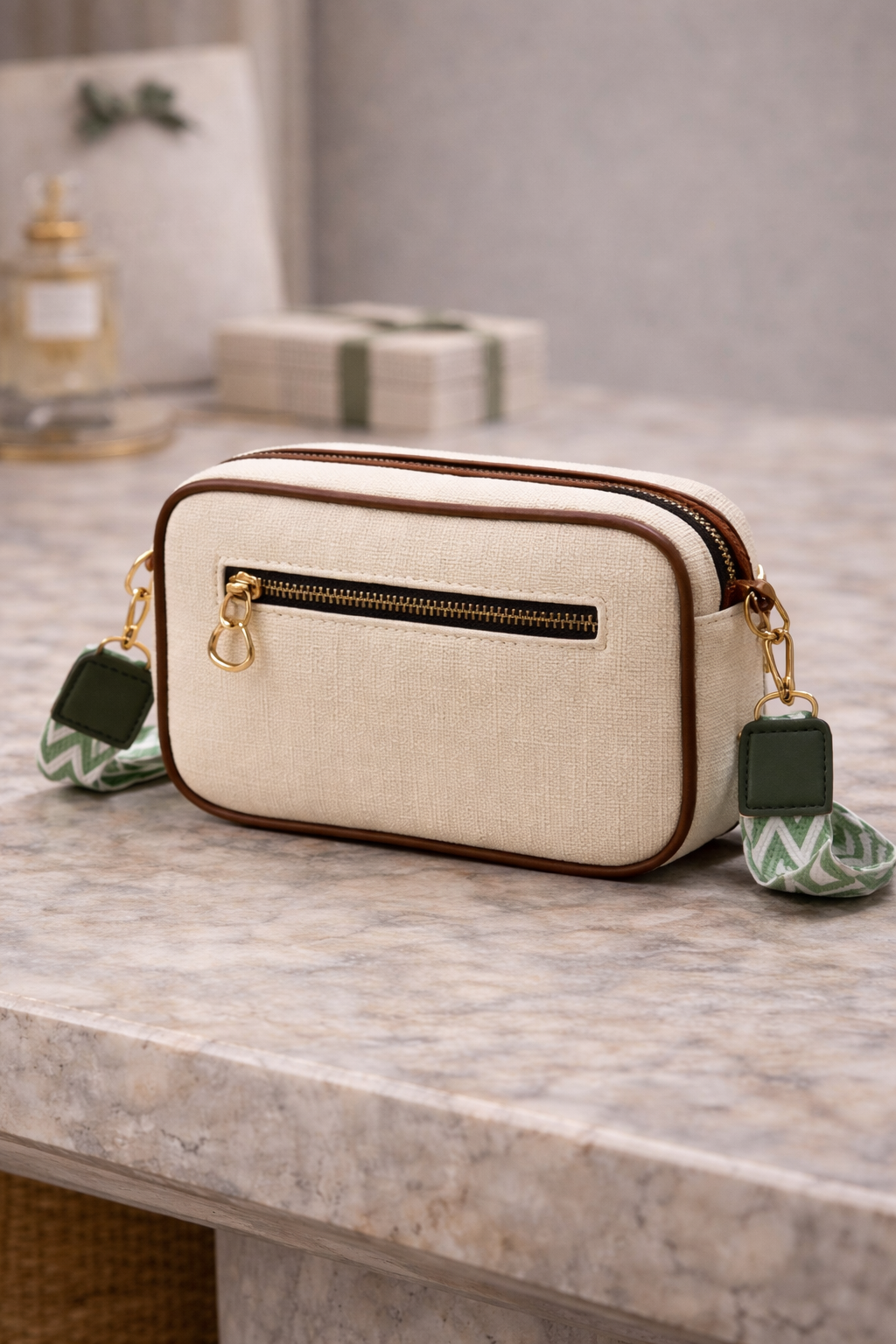 Open interior view of Bagistry The DayBreak Sling Bag showing black lining, inner zipper pocket, and storage capacity.