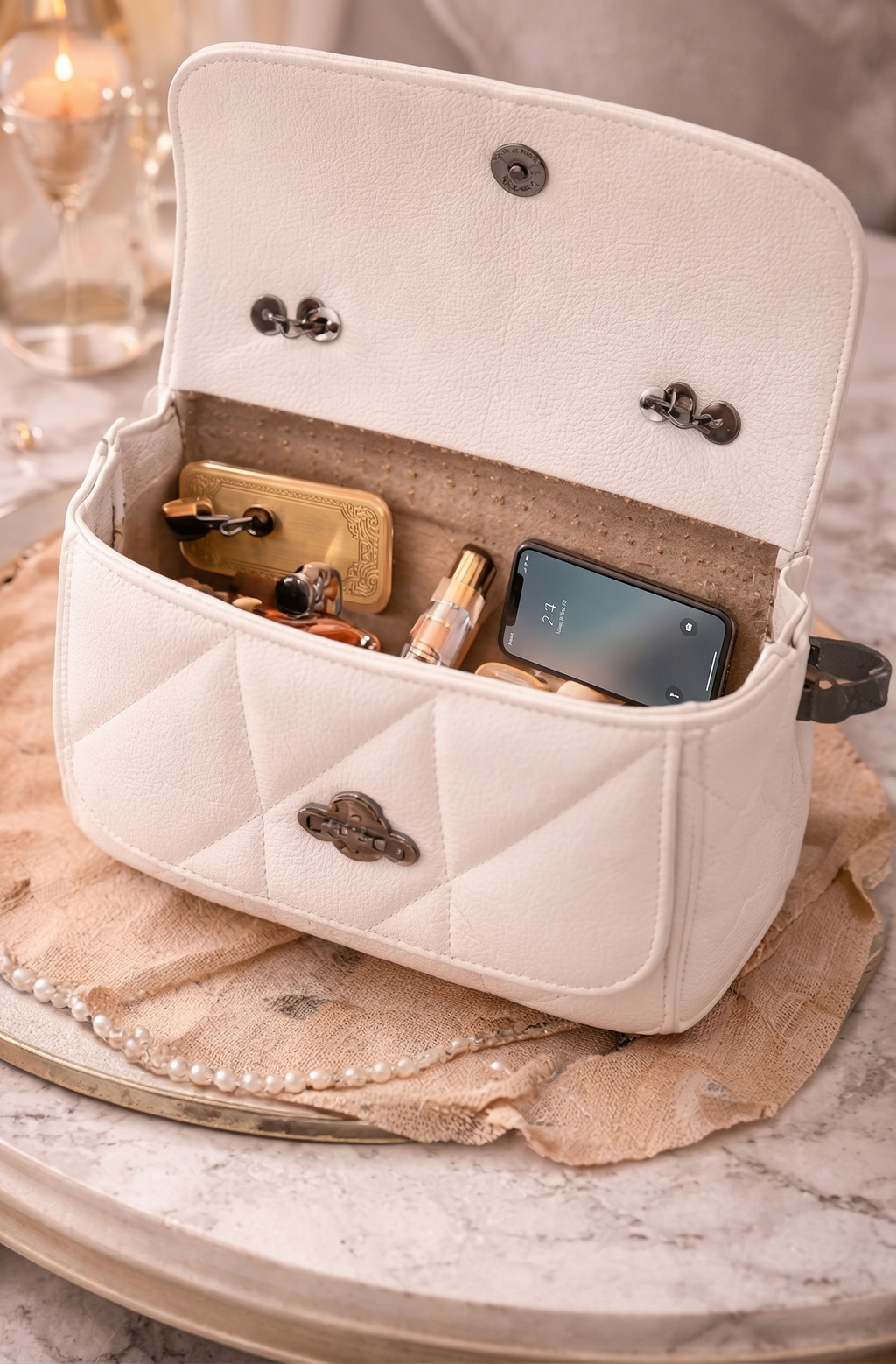 Bagistry The After Hours white quilted mini shoulder bag interior with phone, makeup and essentials, compact women’s handbag storage